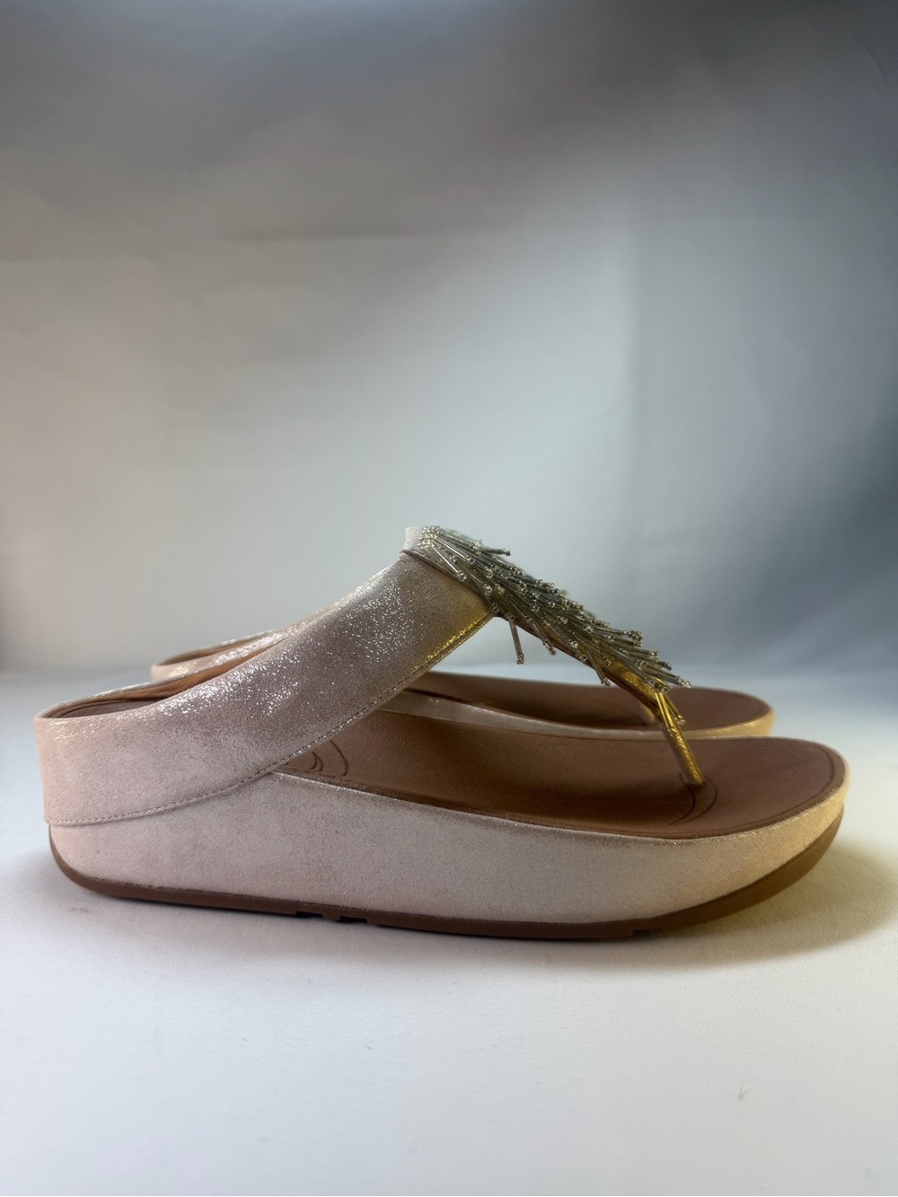 FitFlop Cha Cha Silver Beaded Fringe Wedge Sandals Women’s Size 8